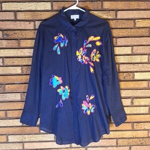 Alivia Large Navy Button Down Embroidered Long Sleeve Blouse
